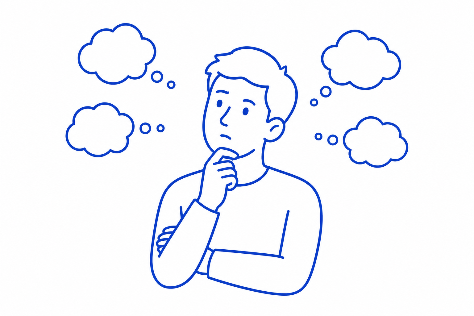 Ilustração de um homem pensativo com dúvidas ao redor
